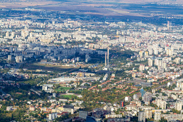 Aerial view of the city of Sofia, Bulgaria. The capital of Bulgaria is located in the west of the country at the foot of the Vitosha mountain range. History of city has more than two thousand years.