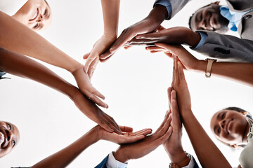 Diversity, circle hands and teamwork collaboration for success goal, and motivation and global...