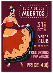 Poster, flyer design for Dia de los Muertos, Day of Dead. Mexican death holiday party, vertical promotion banner template with Catrina skeleton at spooky festival. Colored flat vector illustration