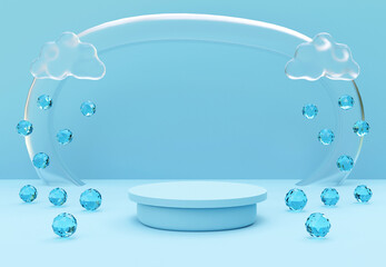 BlendeBlue podium with abstract glass texture clouds and balls. Stand to show products. Stage showcase with modern scene. Pedestal display. 3D rendering. Studio platform template.