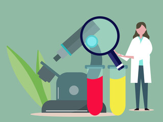 Woman working in laboratory. Chemistry, research, microscope and beaker. Student wearing white coat. Vector illustration 