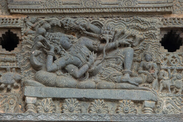 Depicting of Lord Vishnu in  Resting on the Sheshnaga, Chennakeshawa Temple, Belur, Hassan, Karnataka, India.