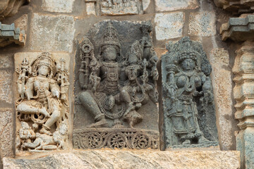 The Depicting of Lord Shiva and Parvati on the Chennakeshawa Temple, Belur,  It was commissioned by King Vishnuvardhana in 1117 CE, Hassan, Karnataka, India.