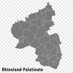 Map Free State of Rhineland-Palatinate on transparent background. Rhineland-Palatinate map with  districts  in gray for your design. Land of Germany. EPS10.