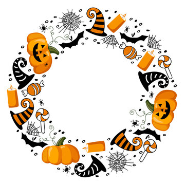 Halloween Frame. Round Wreath With Black Orange Pumpkins, Candle, Witch Hat, Bat, Spider, Cobweb. Hand Drawn Autumn Vector Circle Frame With Copy Space. Halloween Holidays Sketch Design In Flat Style.