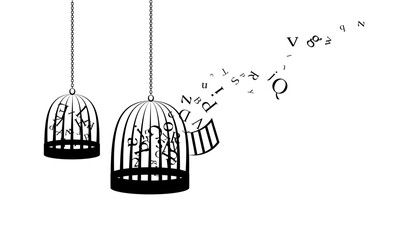 Birdcages with flying up letters. Vector decoration from scattered elements. Monochrome isolated silhouette. Conceptual illustration.