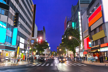 雨の北海道札幌市のすすきの南5西4交差点、北方向の歓楽街の夜景
