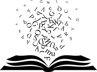 Book with flying up letters . Vector decoration from scattered elements. Monochrome isolated silhouette. Conceptual illustration.