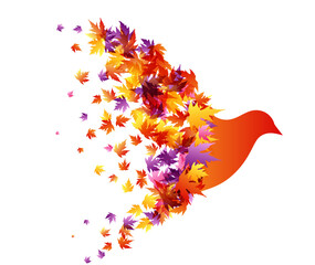 Flying bird with wings from colorful autumn leaves. Vector decoration from scattered elements. Colorful isolated silhouette. Conceptual illustration.