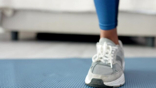 Hands of woman tie shoes for exercise, fitness and workout for marathon, sports or running competition. Wellness, health motivation and cardio performance training for girl, runner or athlete