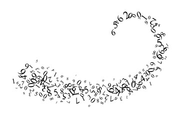 Curve line from flying numbers. Vector decoration from scattered elements. Monochrome isolated silhouette. Conceptual illustration.