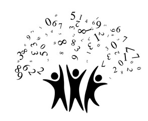 People with flying up numbers. Vector decoration from scattered elements. Monochrome isolated silhouette. Conceptual illustration.