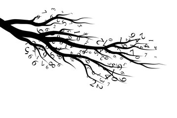 Tree branch with numbers. Vector decoration from scattered elements. Monochrome isolated silhouette. Conceptual illustration.