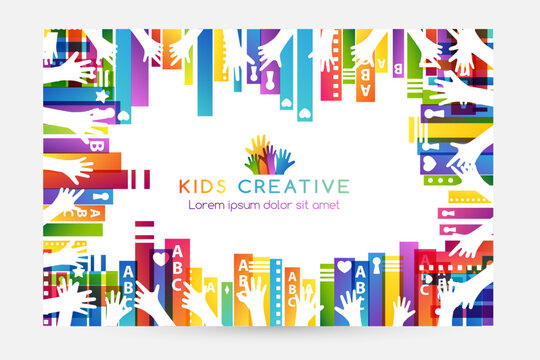 Colorful books with children hands up. Horizontal frame. Kids creative conceptual vector illustration.