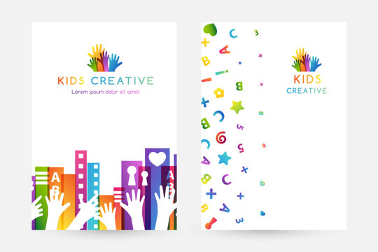Colorful books with children hands up and  fun  letters confetti. Vertical banners. Kids creative conceptual vector illustration.