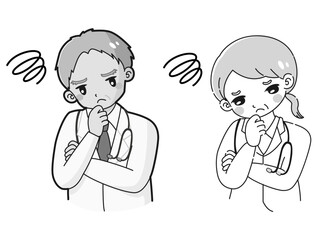 悩む白衣を着たシニア女性医師と男性医師のイラスト