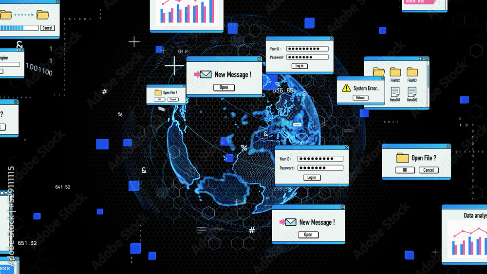 Aufkleber digital documents and global communication network concept.