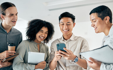 Phone, internet or communication with a work team networking on social media with a smile while on a break in the office. Business people with 5g mobile technology on the internet with a funny meme