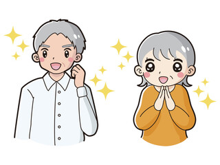 ときめく笑顔のシニア男性と女性のイラストセット