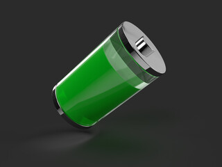 Battery icon on dark background. 3D illustration.