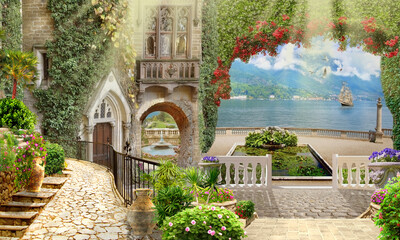 Illustration of an Italian courtyard by the sea embankment. The fresco. Photo wallpapers.