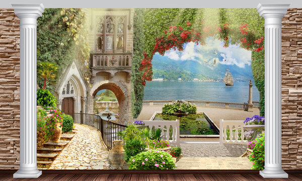 Courtyard with access to the embankment. Illustration, wallpaper on the wall with a seascape. Photo wallpapers. The fresco.