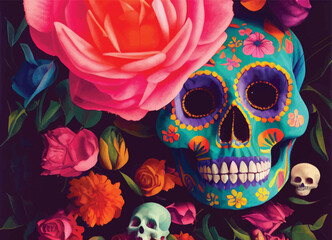 Fototapeta A colourful portrait of a skull and flowers for 