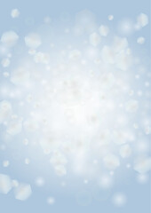 Vector Magical Glowing Background with Silver and Purple Falling Hexagon on Blue. Falling Snow. Glittery Confetti Frame. Christmas and New Year Design. Winter Sky with Bokeh Snowfall.