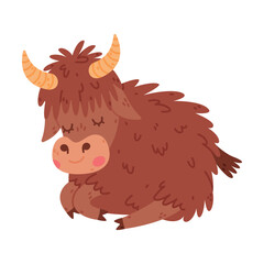 Cute Yak Character with Dense Fur and Horns in Sitting Pose Vector Illustration