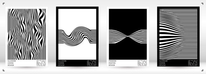 Geometrical Poster Design with Optical Illusion Effect.  Minimal Psychedelic Cover Page Collection. Monochrome Wave Lines Background. Fluid Stripes Art. Swiss Design. Vector Illustration for Placard. - obrazy, fototapety, plakaty