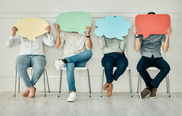 People, chair row and speech bubble opinion with audience at workshop conference for diverse poll. Feedback, independent thinking or anonymous chat at public convention with social media forum.