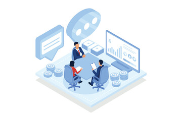 Hire an accountant. Business owner hires an accountant, recruitment process, human resources, interview with bookkeeperisometric vector modern illustration