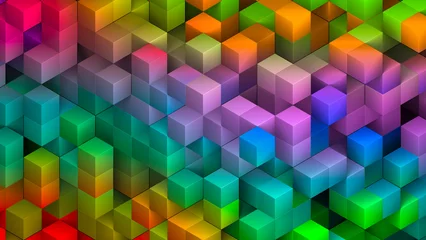 Fototapete Rund Minecraft Geometric colorful abstract 3D background of rainbow squares and cubes. Science, design, game, technology, lifestyle concept.  © uladzimirzuyeu