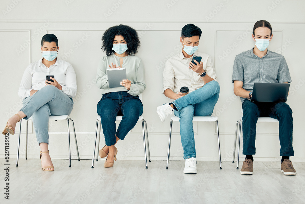 Poster business people with covid face mask and technology in line, communication on tablet, phone and lapt