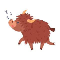 Cute Yak Character with Dense Fur and Horns Walking and Singing Vector Illustration