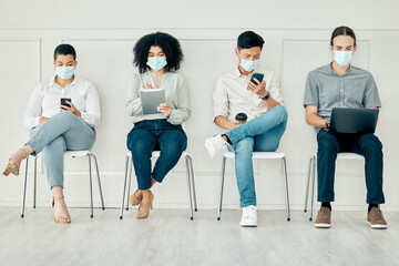 Business people with covid face mask and technology in line, communication on tablet, phone and laptop before interview and connection to global world. Employees with tech in recruitment at work