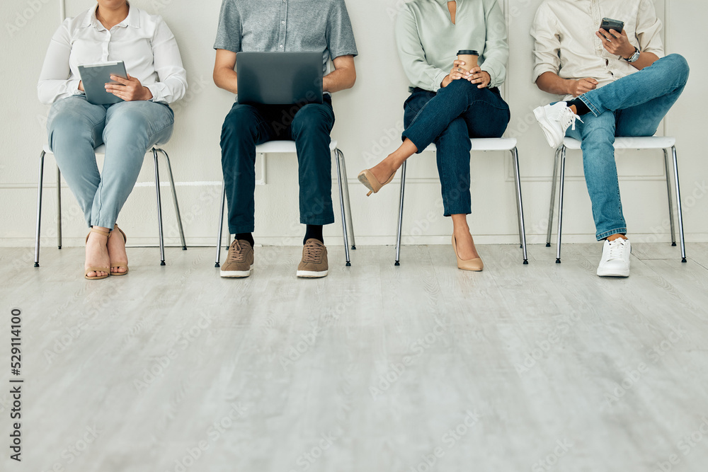 Aufkleber recruitment, job and hiring interview with people waiting for hire team using technology. potential 