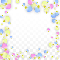 Vector Realistic Colorful Petals Falling on Transparent Background.  Spring Romantic Flowers Illustration. Flying Petals. Sakura Spa Design. Blossom Confetti. Design Elements for Wedding Decoration.