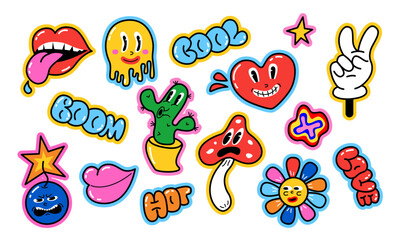 Retro cartoon characters set of stickers on white background. Vector stock illustration.