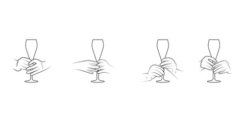 Hands holding glasses of champagne set sketch vector illustration.