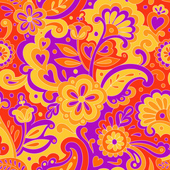 Colorful folk psychedelic seamless pattern. Retro ethnic ornament. Vintage vector background. Hippie 70s styled groovy textile print. Floral motifs
