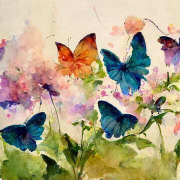 Beautiful flowers with leaves, buds, blossoming flowers and butterflies. Watercolor illustration of garden flowers.