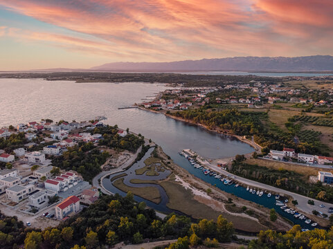 Zaton beach aerial view in sunset light, Dalmatia region of Croatia