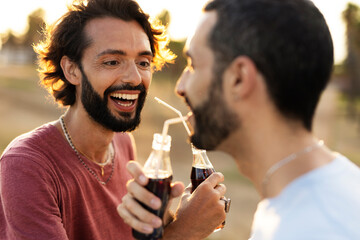 Happy couple enjoy outside. LGBT community.