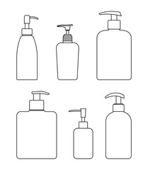 Cosmetic bottle pomp vector illustration. Beauty, bath, medicine and self care concept. shampoo, lotion, soap or cream bottle simple line art icon set  for beauty store, spa, social media
