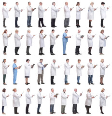 full length group of doctors with notepad isolated