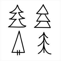 Hand drawn set of Christmas trees. Abstract doodle drawing woods.