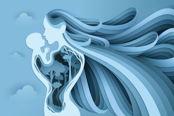 Baby In A Tender Embrace Of Mother, Vector illustration in a papercut style [Converted]