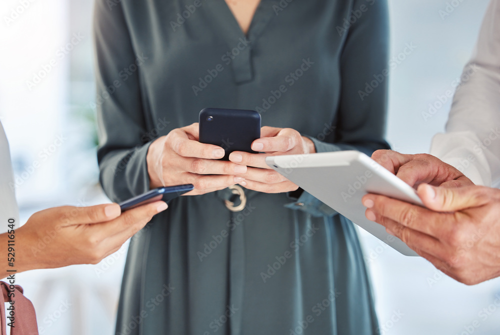 Poster business hands group, digital phone communication and tablet internet on networking in mobile office