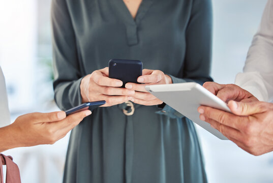 Business hands group, digital phone communication and tablet internet on networking in mobile office. Team, employee collaboration and worker connect 5g cloud on social media website online wifi tech